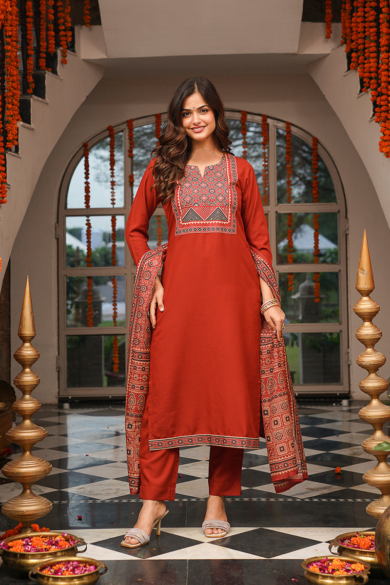 Brown Rayon Blend Ajrakh Printed Straight Kurta Trousers With Dupatta PKSKD3083