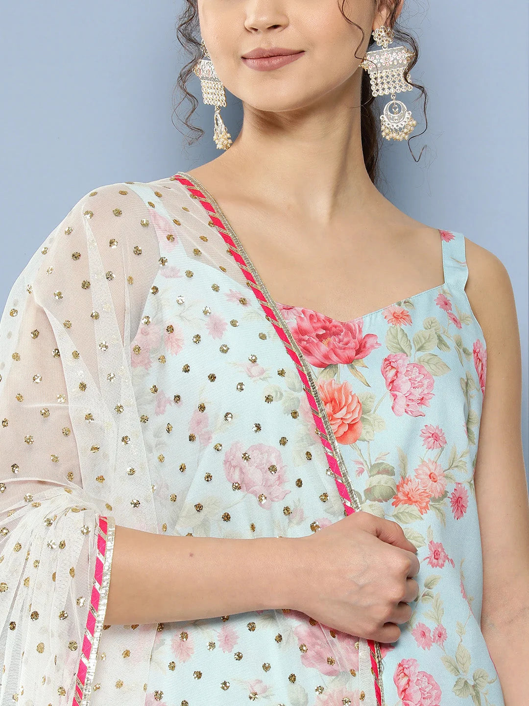 Blue Floral Dhoti Kurta Set With Dupatta | Women's Dhoti Sets