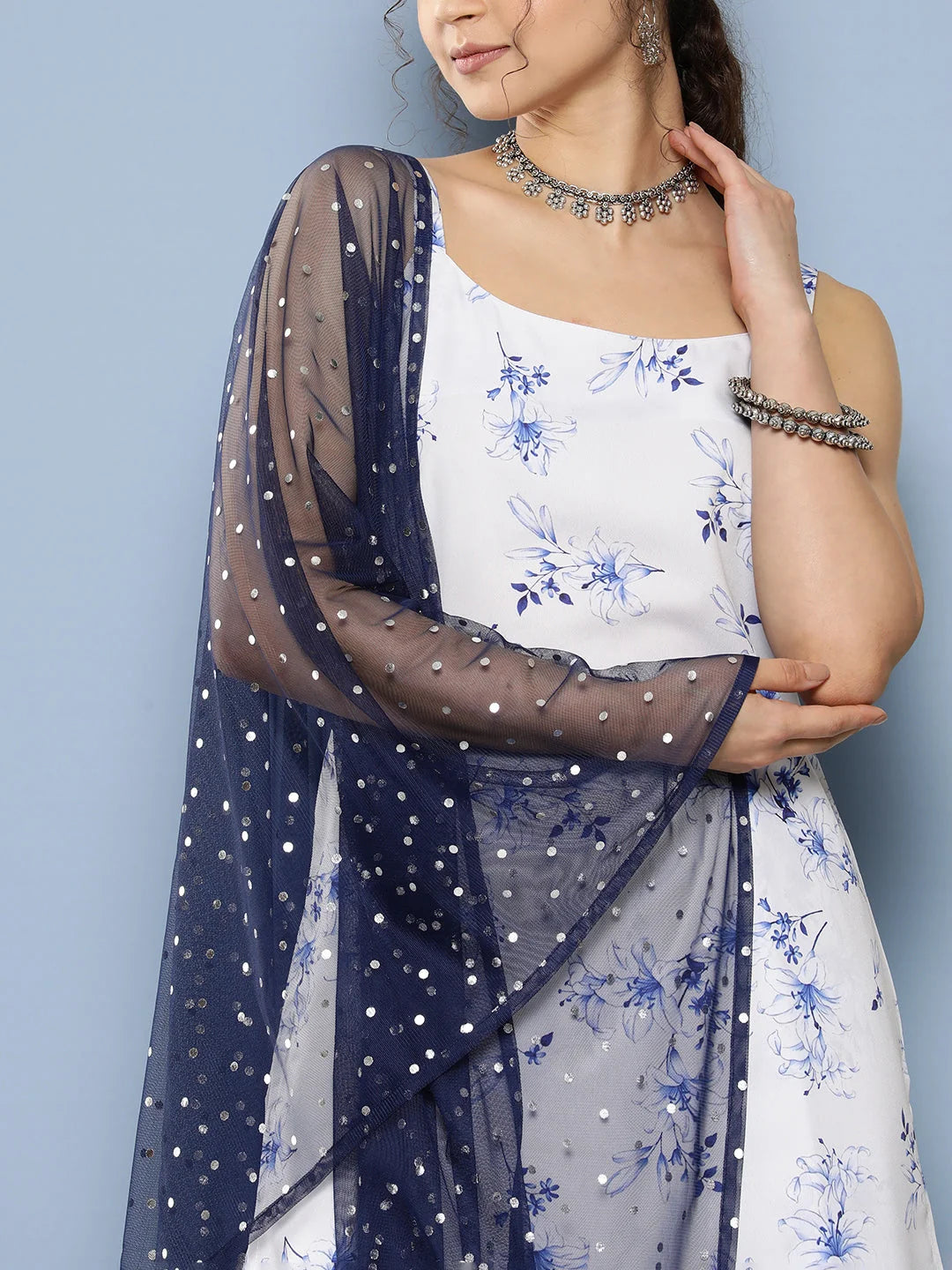 White Floral Sharara Set: Sequined Designer Sharara Suits