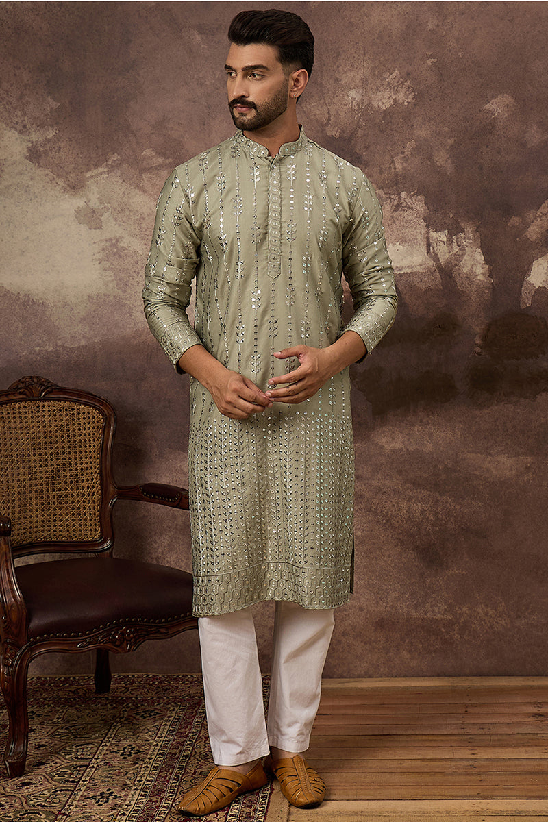 Green Silk Blend Solid Embroidered Straight Kurta MKU1356