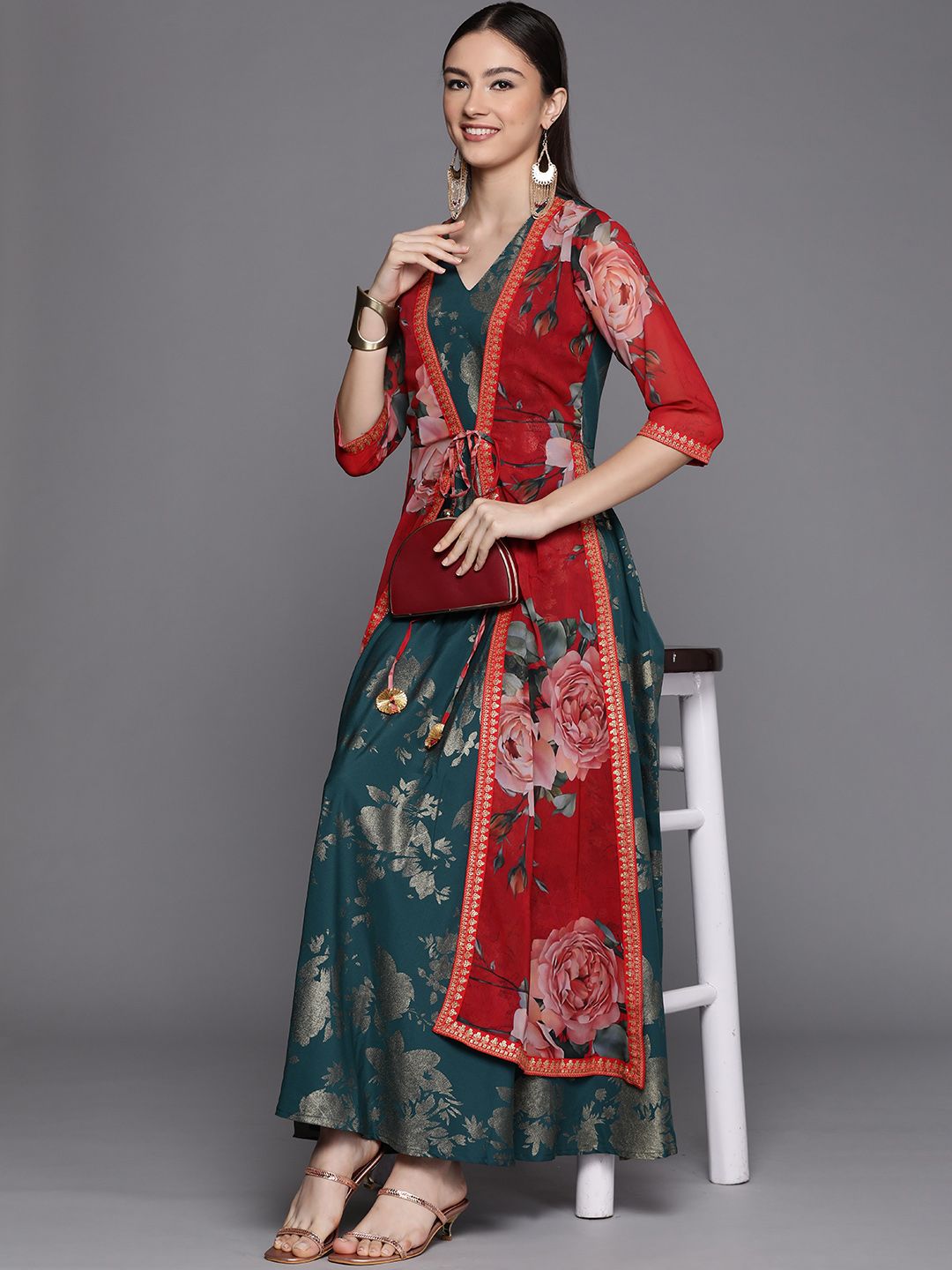 Green & Gold Printed Dress | Indian Dresses Online