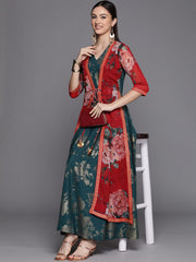 Green & Gold Printed Layered Dress-AHDRCRGRSM-992