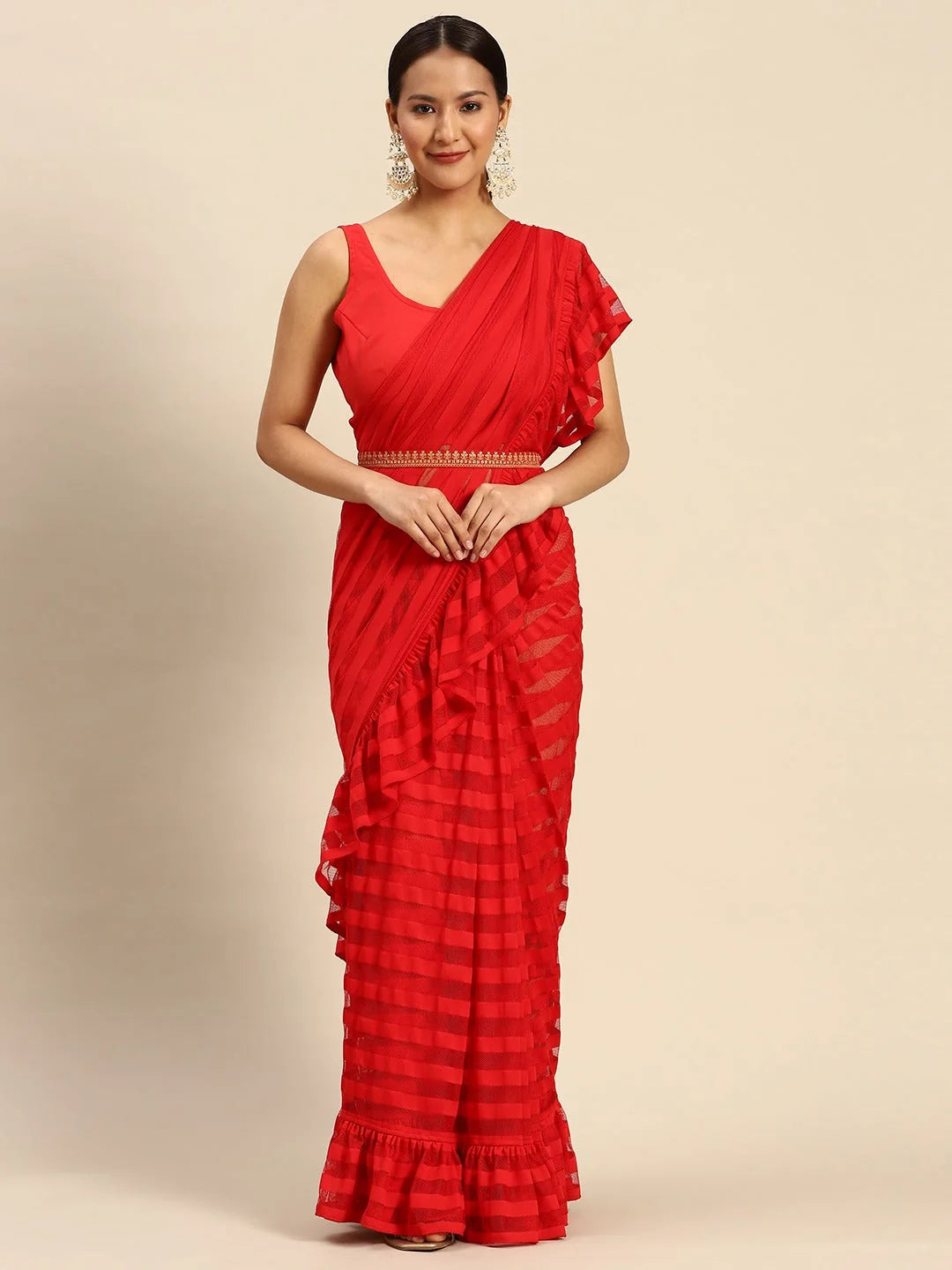 Red Striped Ready to Wear Saree | Indian Sarees