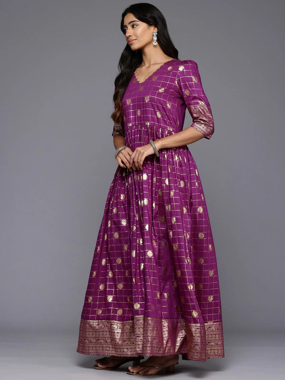 Checked Puff Sleeve Maxi Gown | Shop Indian Dresses Online