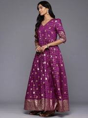 Checked Puff Sleeves Maxi Gown-AHEDCNFP-242