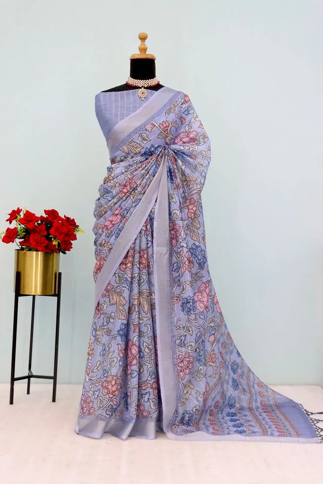 Linen Digital Print Lavender Saree With Unstiched Blouse Piece