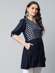 Navy Blue Rayon Silver Foil Print Tunic-AHTURYGP-8049