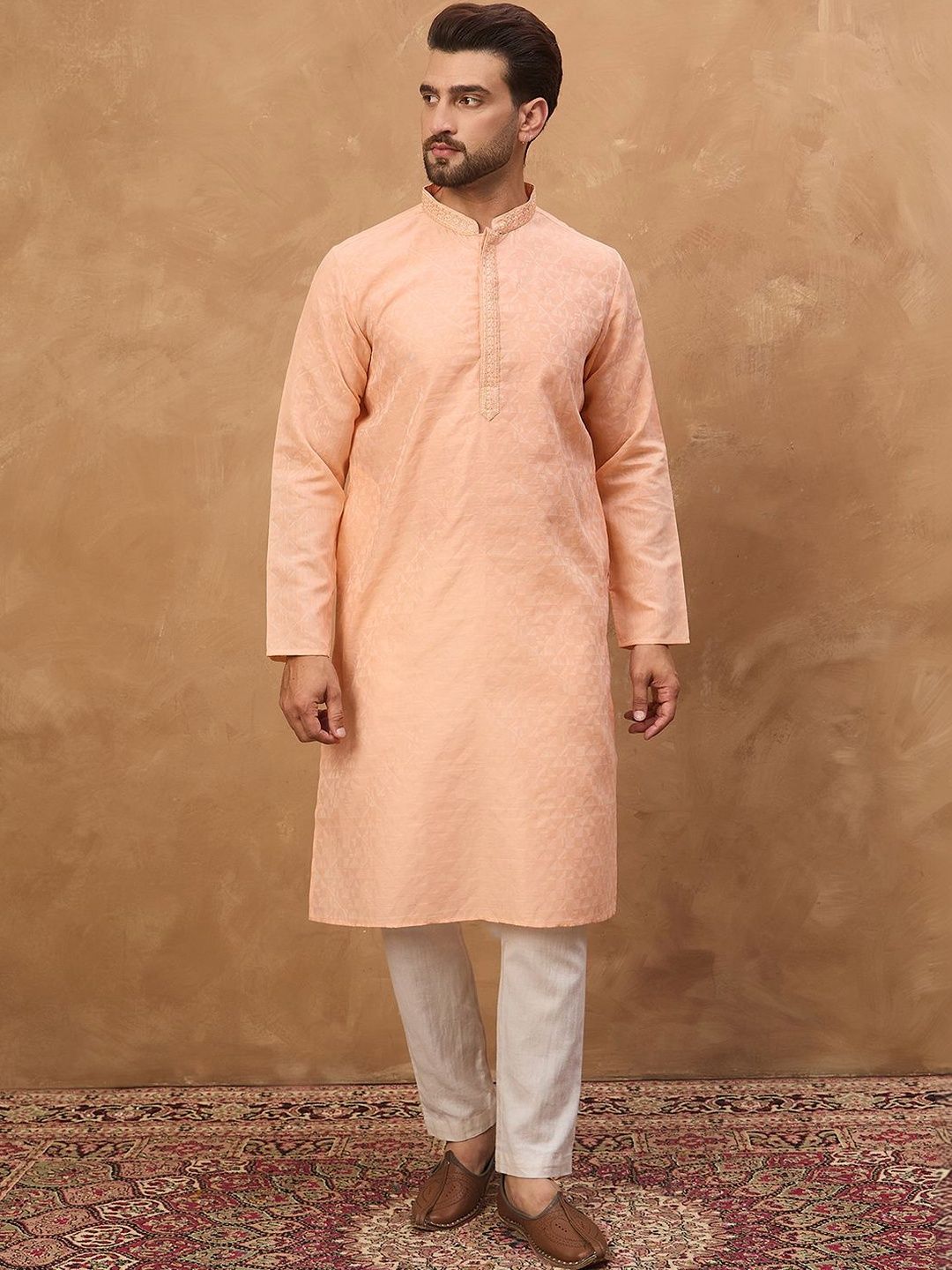 Ethnic Bay Men Peach Silk Blend Solid Embroidered Straight Kurta With Pant Set-MKSET1453