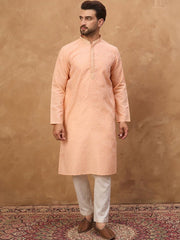 Ethnic Bay Men Peach Silk Blend Solid Embroidered Straight Kurta With Pant Set-MKSET1453