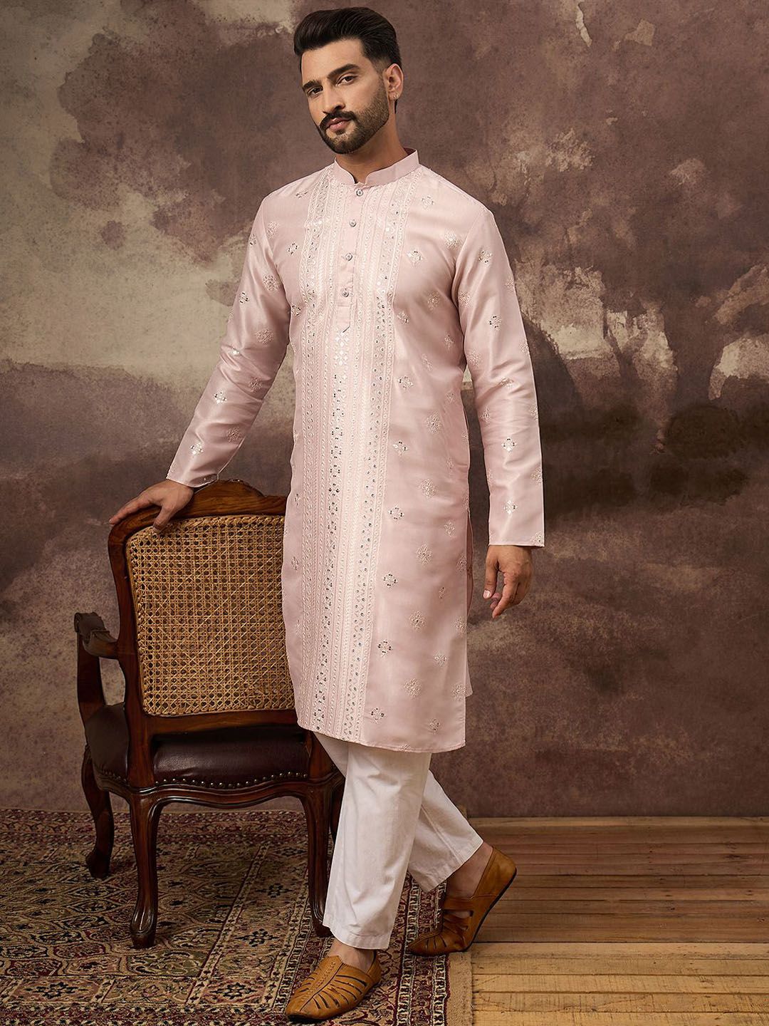 Ethnic Bay Men Pink Silk Blend Solid Embroidered Straight Kurta With Pant Set-MKSET1362