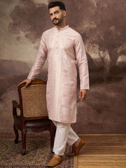 Ethnic Bay Men Pink Silk Blend Solid Embroidered Straight Kurta With Pant Set-MKSET1362