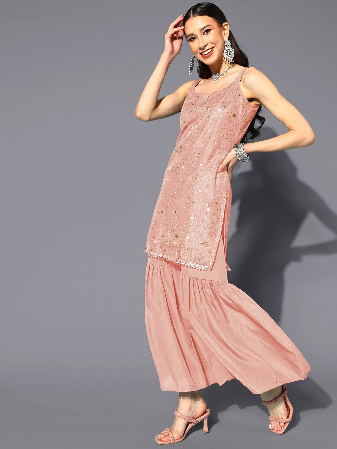Abstract Printed Square Neck Net Kurti With Sharara & Dupatta