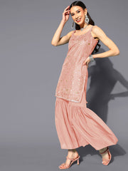 Abstract Printed Square Neck Net Kurti With Sharara & Dupatta