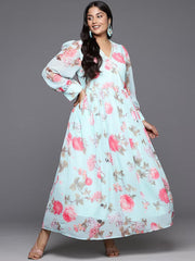 Turquoise Blue & Pink Plus Size Floral Printed A-Line Maxi Dress-AP-AHEDGRDP-142-FF