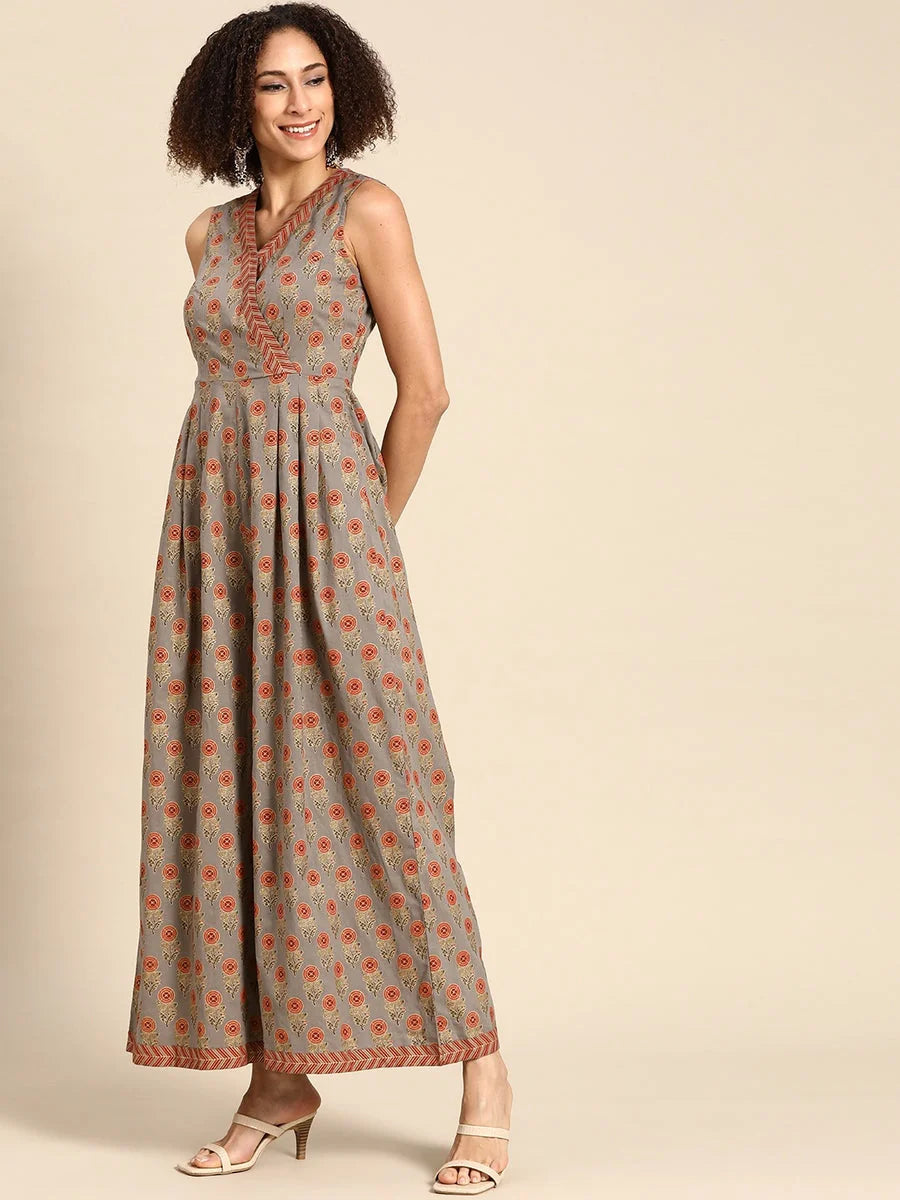 Grey Print Pleated Jumpsuit - Unique Women's Tops and Shirts