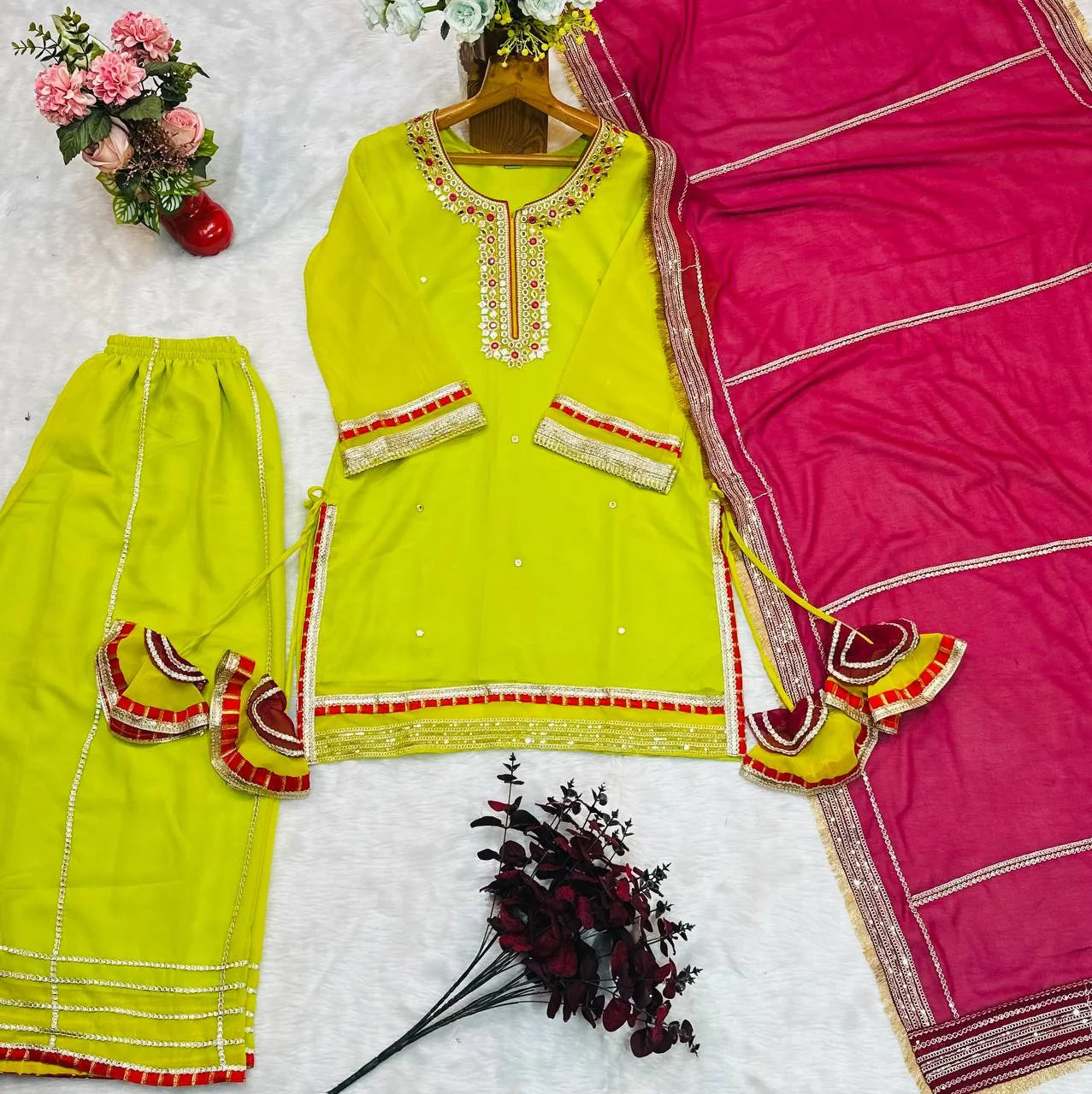 Women's Green Faux Blooming Embroidery Kurta Sharara With Dupatta