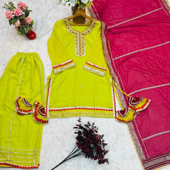 Women's Green Faux Blooming Embroidery Kurta Sharara With Dupatta-MED3-6061