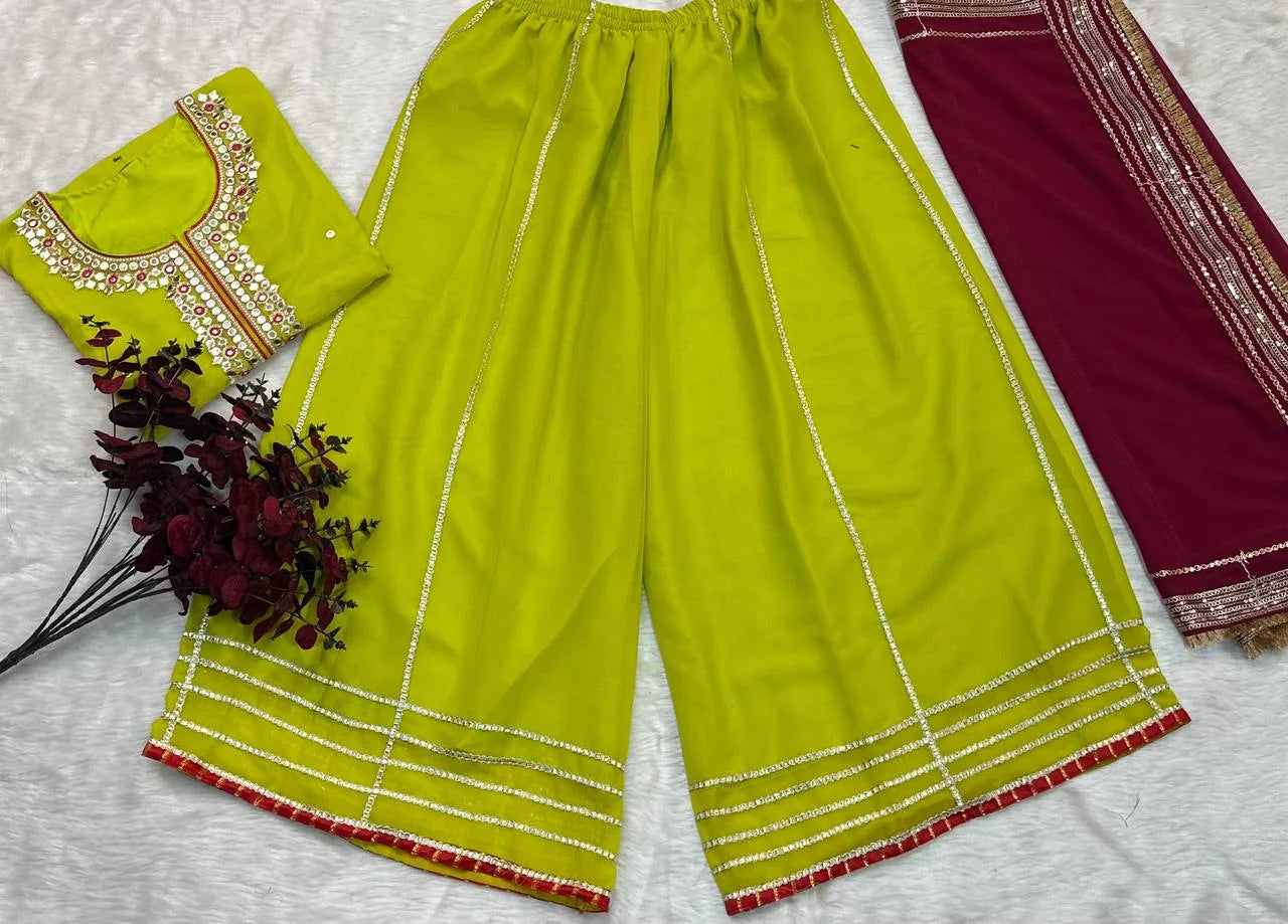 Women's Green Faux Blooming Embroidery Kurta Sharara With Dupatta