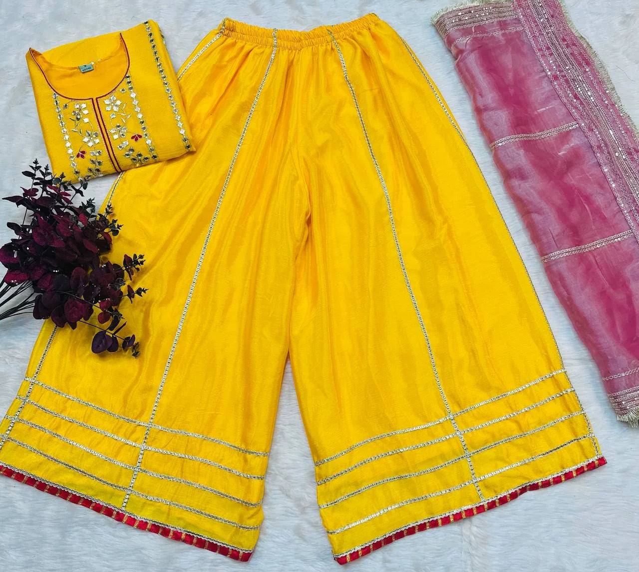 Women's Yellow Chinnon Silk Embroidery Kurta Sharara With Dupatta