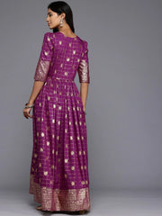 Checked Puff Sleeves Maxi Gown-AHEDCNFP-242