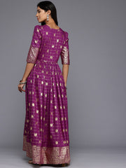 Checked Puff Sleeves Maxi Gown-AHEDCNFP-242
