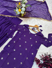 Women's Purple Faux Georgette Embroidery Kurta Dhoti With Dupatta-MED3-6067