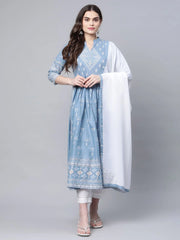 Pastel Blue Pure Cotton Printed Kurta Pant Set With Dupatta-AHKUDUPN-COMBO-482