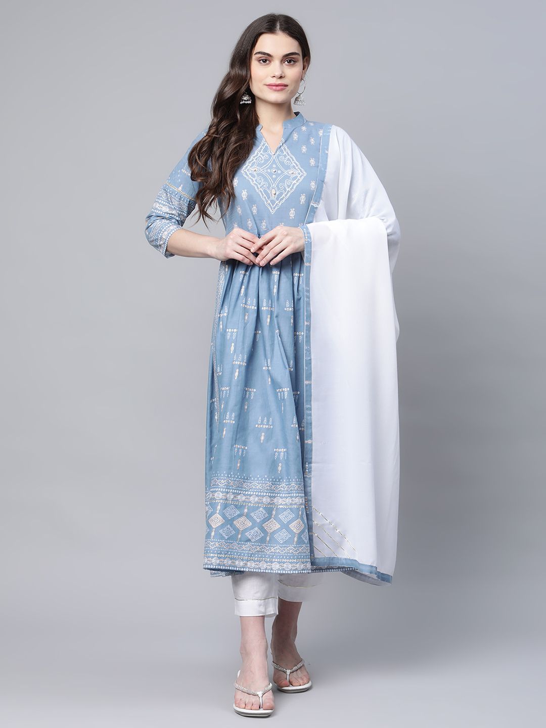 Pastel Blue Cotton Printed Kurta Pant Set with Dupatta | Women's