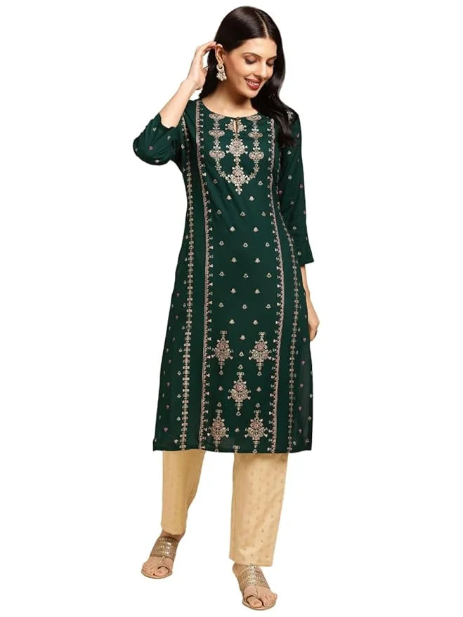 Green Embellished Kurta - Rayon Slub Indian Kurta Ladies