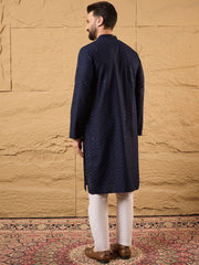 Ethnic Bay Men Blue Viscose Rayon Solid Embroidered Straight Kurta With Pant Set-MKSET1187