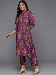 Plus Size Floral Printed Straight Sequinned Kurta with Trousers-AP-AHKUPN-COMBO-1004