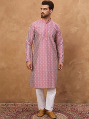 Ethnic Bay Men Pink Silk Blend Ethnic Motifs Printed Straight Kurta With Pant Set-MKSET1525