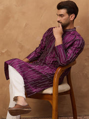 Ethnic Bay Men Purple Silk Blend Geometric Printed Straight Kurta With Pant Set-MKSET1518