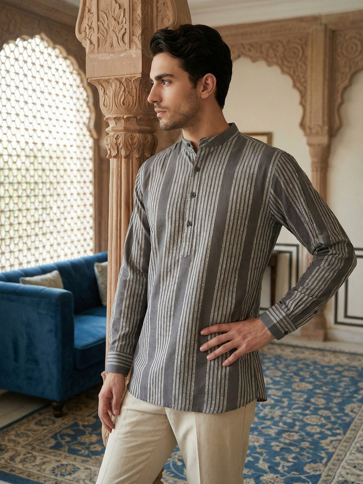 Stripe Pattern Cotton Blend Ethnic Kurta ( 65KO 5482Grey S ) [FF] [K-13]