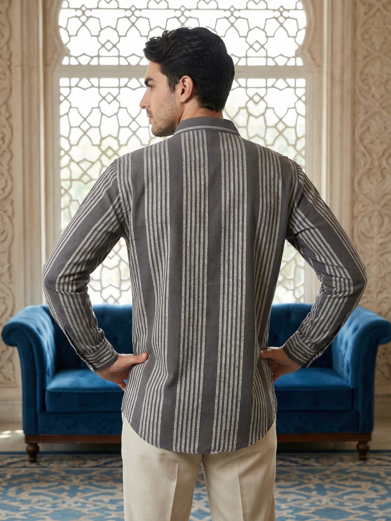 DesiQlo Men Striped Kurta Only - Grey - 65KO_5482Grey_S