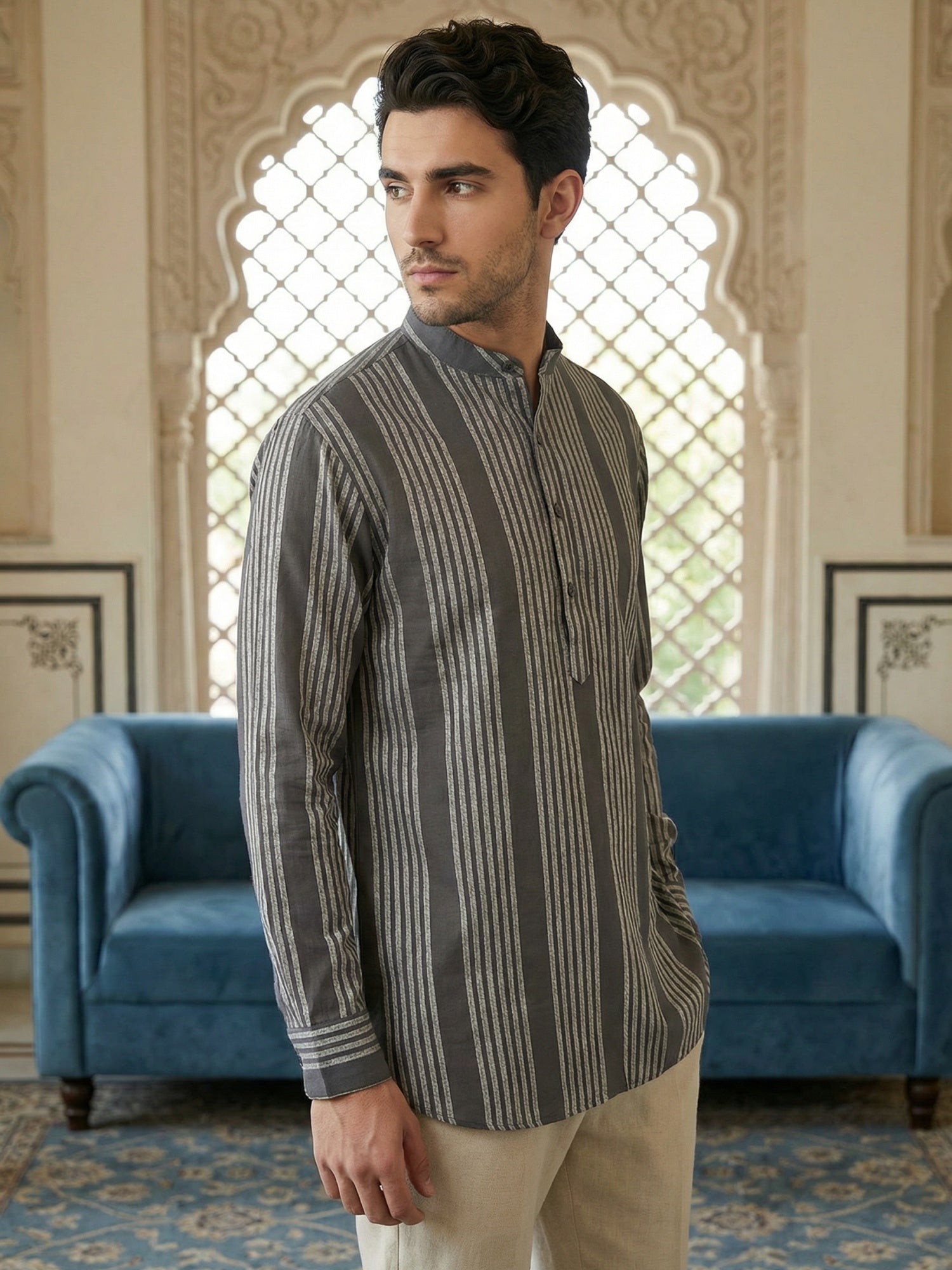 DesiQlo Men Striped Kurta Only - Grey - 65KO_5482Grey_S