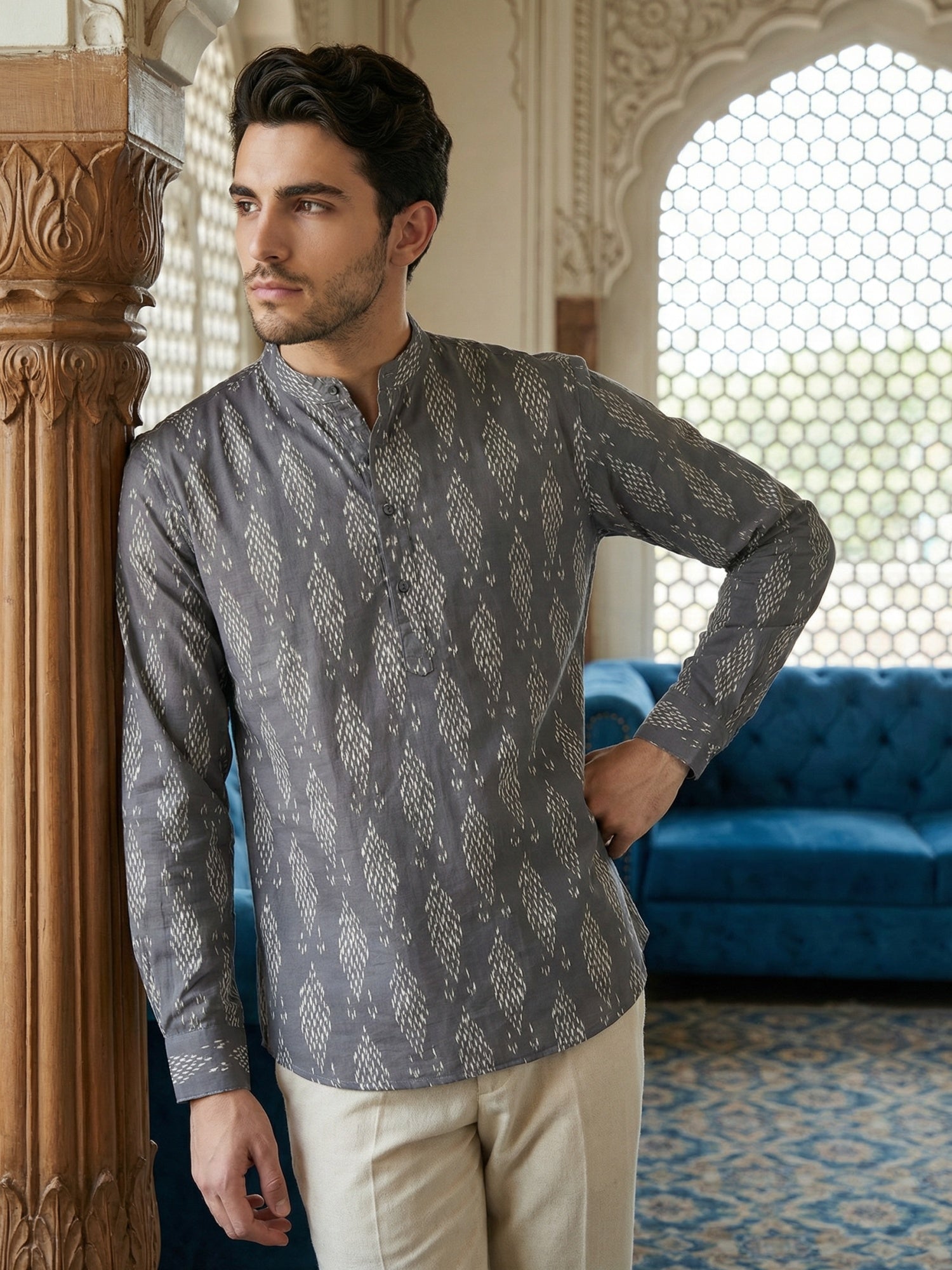 DesiQlo Men Printed Kurta Only - Grey - 65KO_5483Grey_S