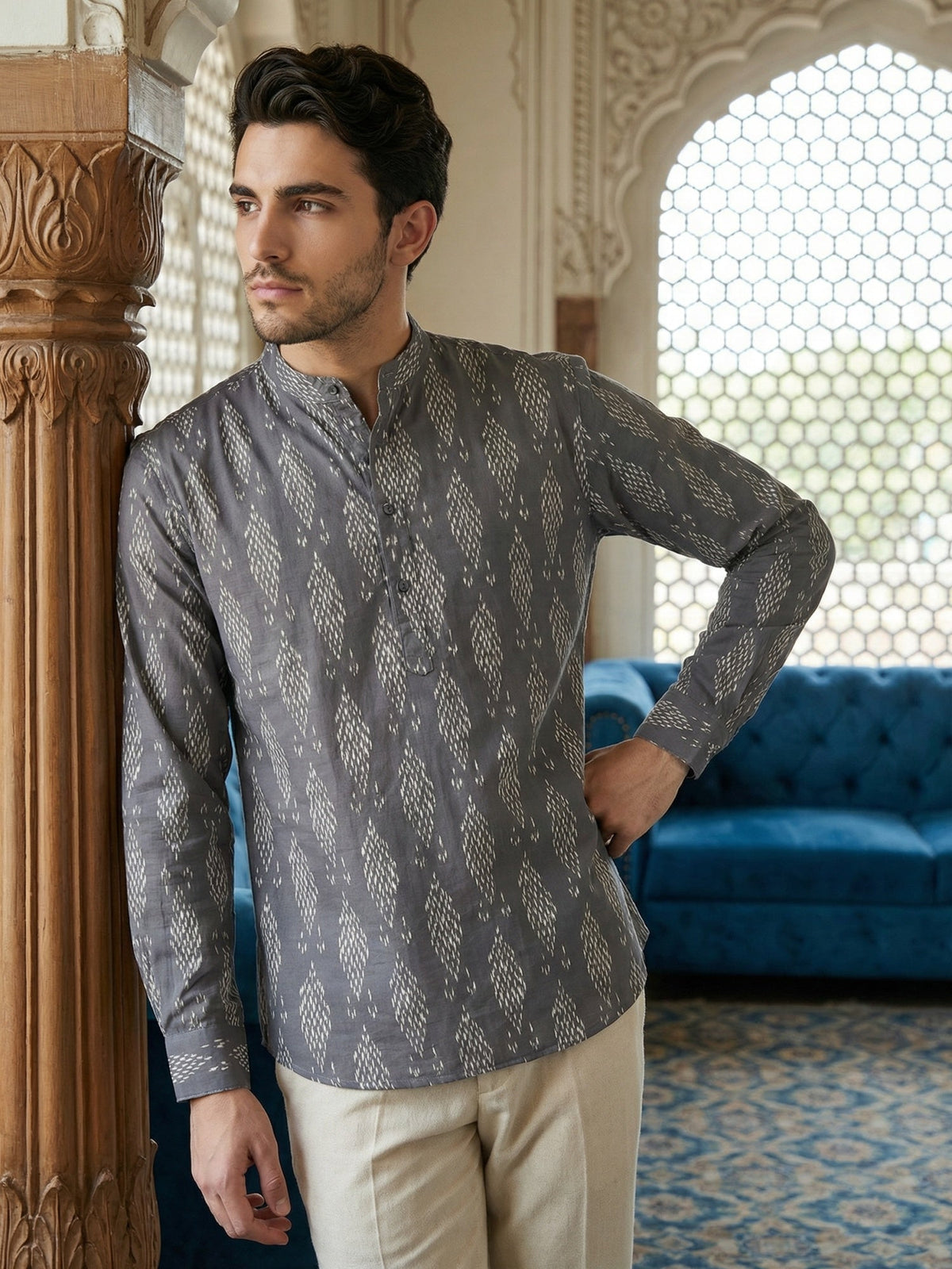 Stylish All-Over Print Casual Ethnic Short Kurta ( 65KO 5483Grey S ) [FF] [A-1-4]