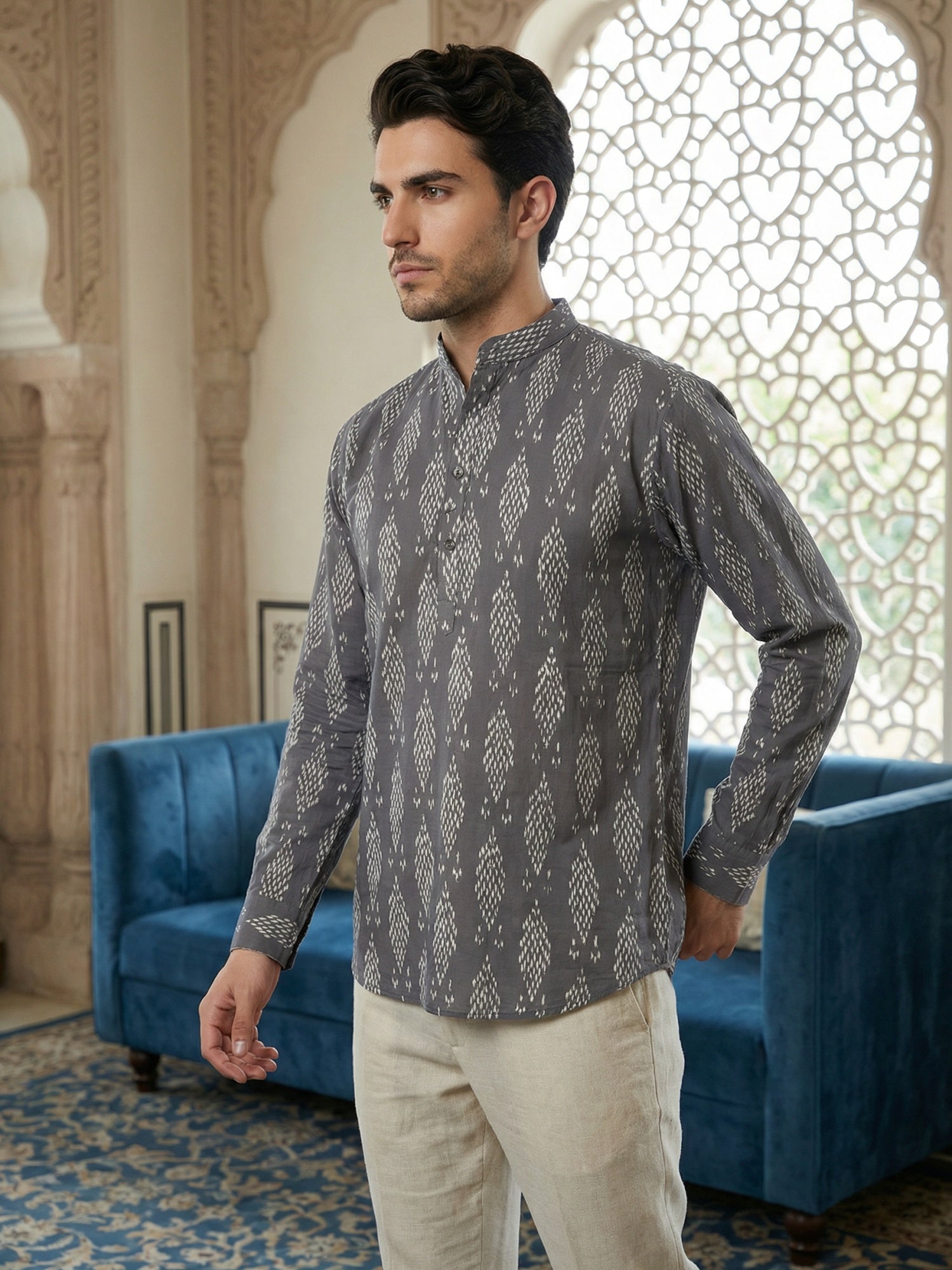 DesiQlo Men Printed Kurta Only - Grey - 65KO_5483Grey_S