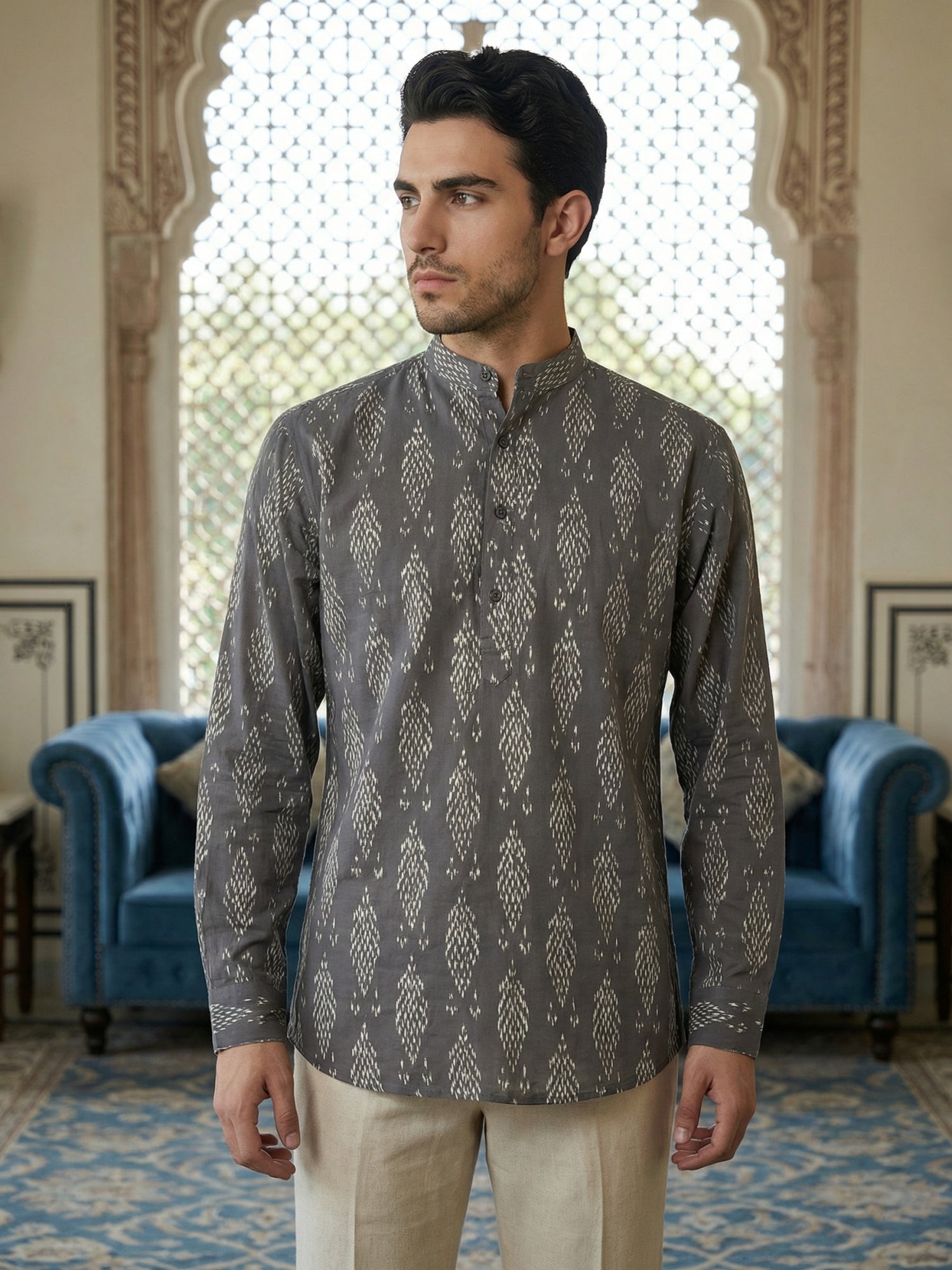 DesiQlo Men Printed Kurta Only - Grey - 65KO_5483Grey_S