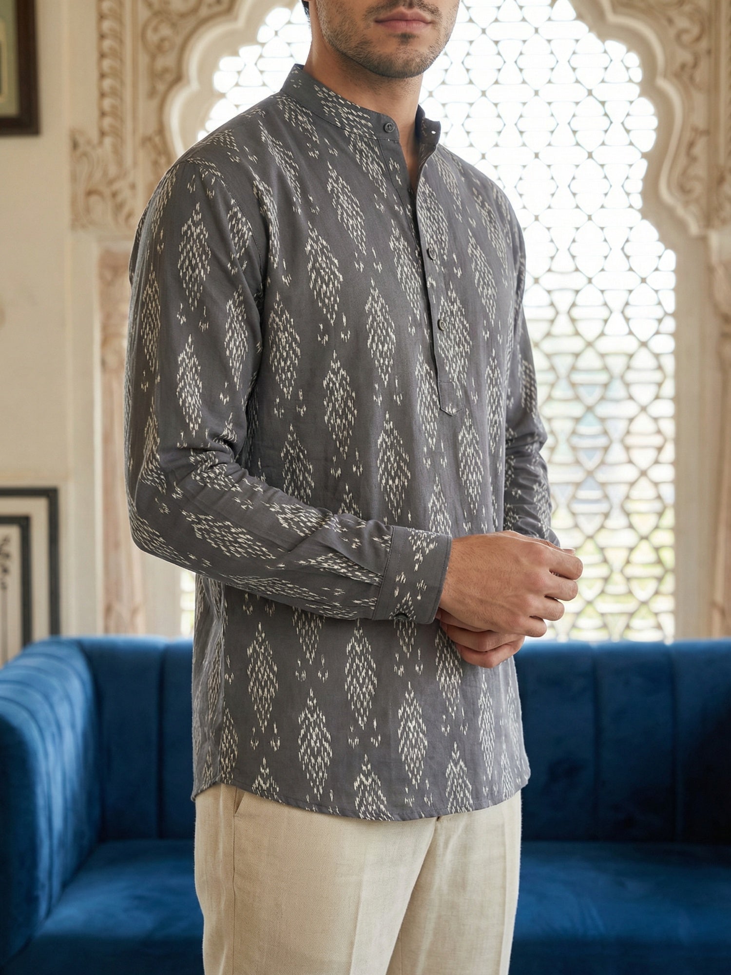 DesiQlo Men Printed Kurta Only - Grey - 65KO_5483Grey_S