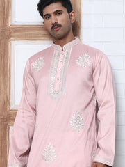 Men’s Silk Blend Ethnic Embroidered Kurta (65KO 5329 Pink ) [FF] [B-1-2]