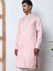 Men’s Silk Blend Ethnic Embroidered Kurta (65KO 5329 Pink ) [FF] [B-1-2]