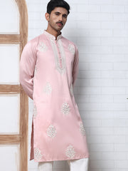 Men’s Silk Blend Ethnic Embroidered Kurta (65KO 5329 Pink ) [FF] [B-1-2]