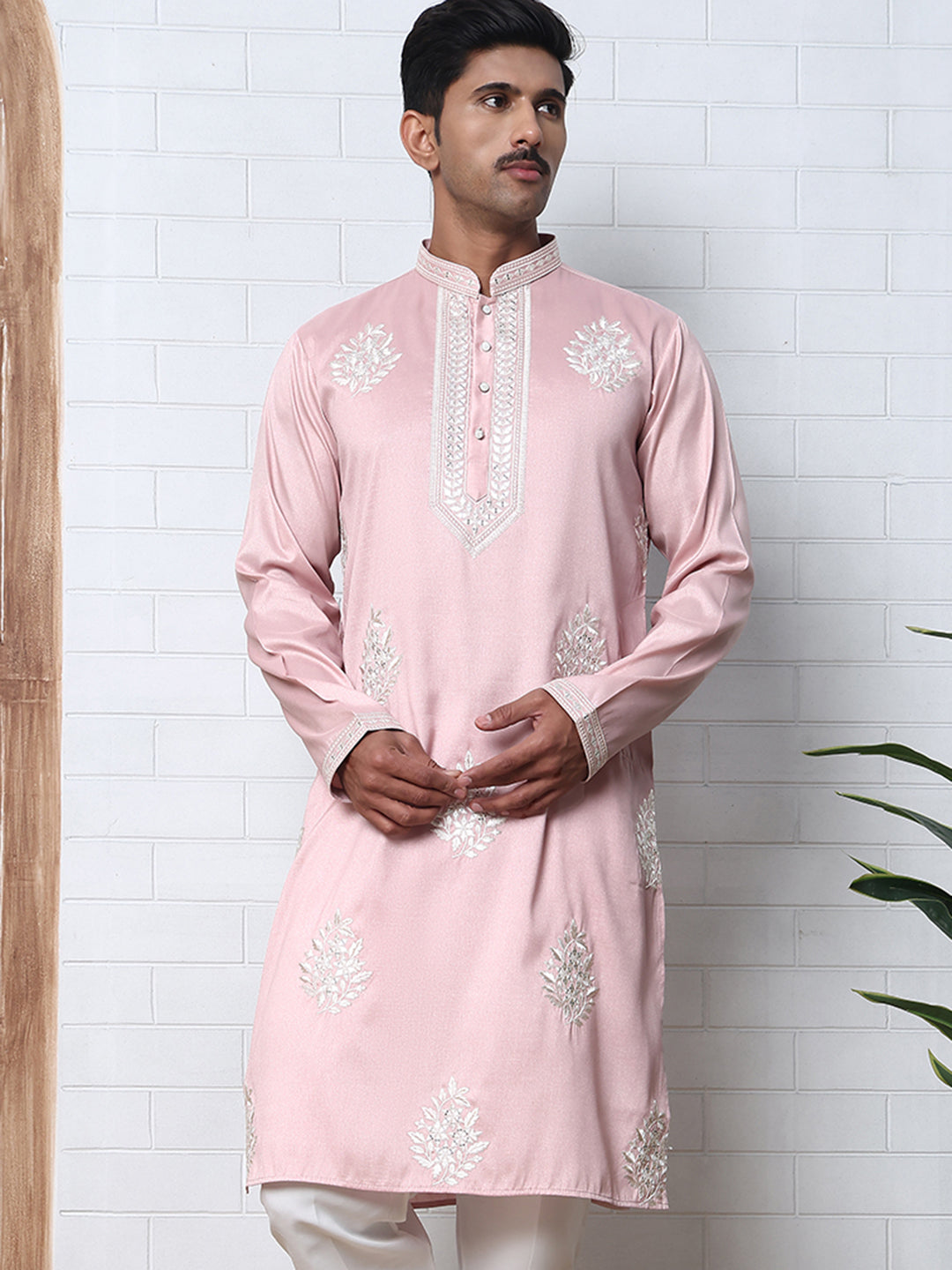 Men’s Silk Blend Ethnic Embroidered Kurta (65KO 5329 Pink ) [FF] [B-1-2]