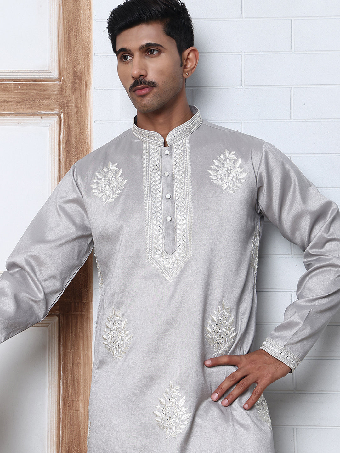 Men’s Silk Blend Ethnic Embroidered Kurta (65KO 5329 Silver ) [FF] [B-1-2]