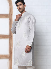 Men’s Silk Blend Ethnic Embroidered Kurta (65KO 5329 Silver ) [FF] [B-1-2]