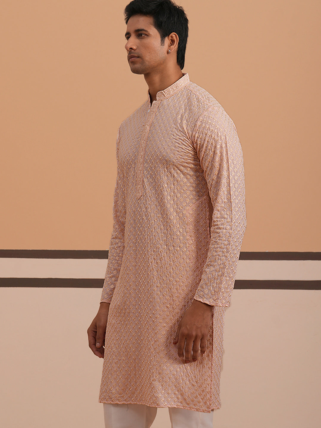 DesiQlo Men Embroidered Kurta Only - Orange - 65KO_5330Peach_S