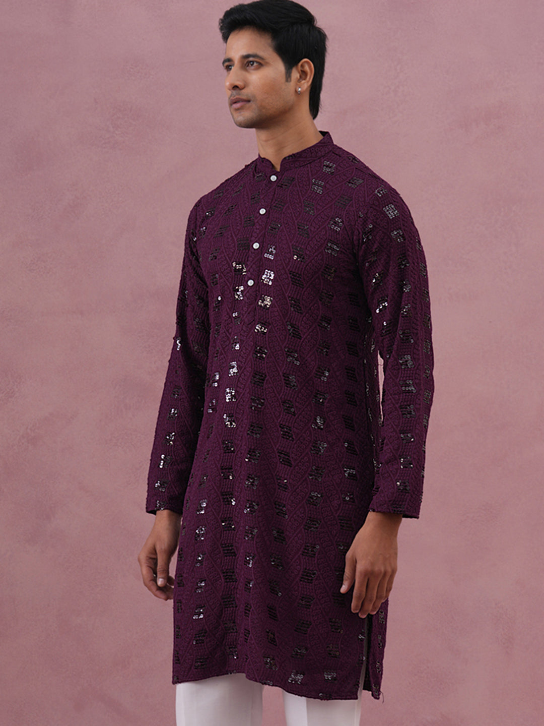 DesiQlo Men Embroidered Kurta Only - Purple - 65KO_5331Purple_S