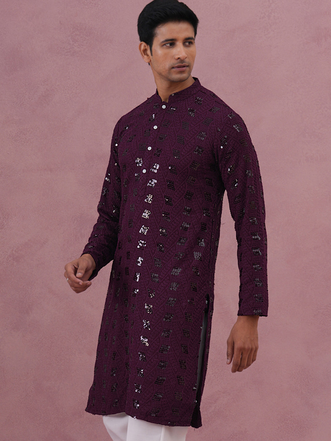 DesiQlo Men Embroidered Kurta Only - Purple - 65KO_5331Purple_S